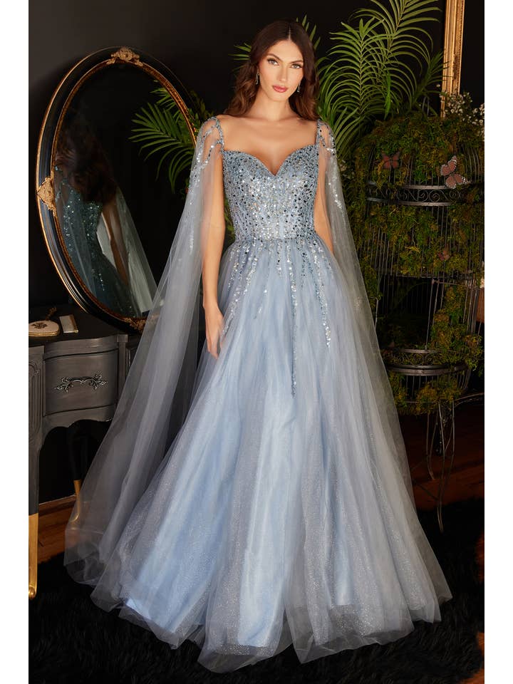 Smoky Blue BEADED A-LINE WITH CAPE SLEEVES
for wholesale on Faire