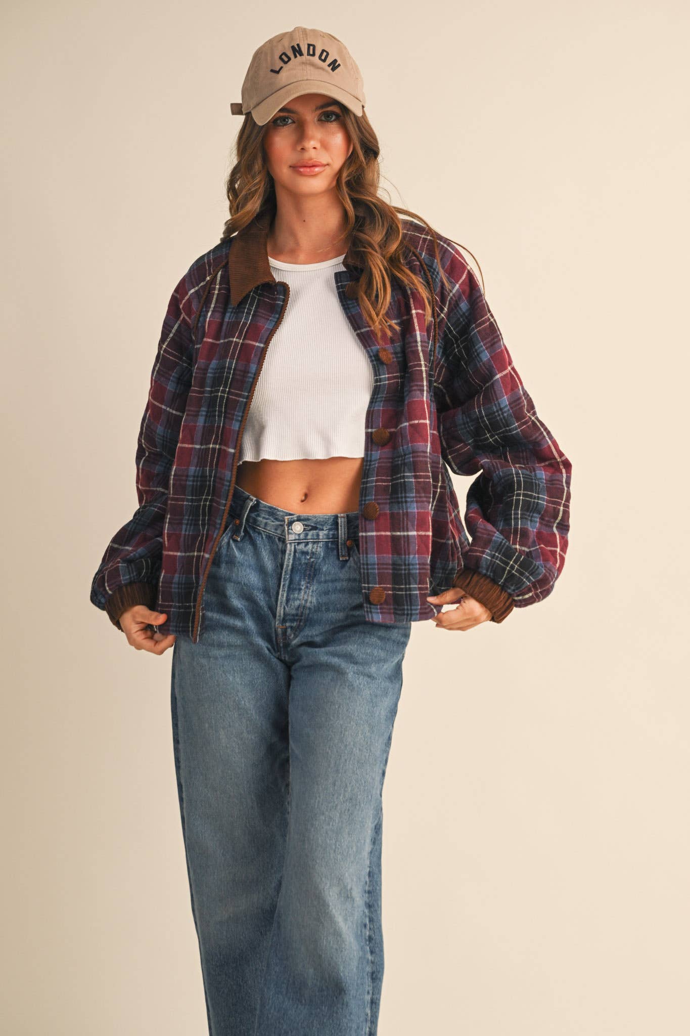 &MERCI - Wholesale Jacket - Women's - PLAID QUILTED JACKET WITH CONTRAST CORDUROY DETAIL MJK411528