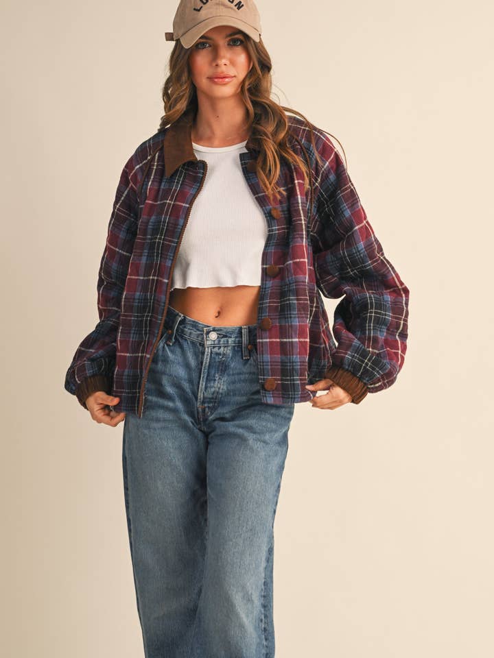 &MERCI - Wholesale Jacket - Women's - PLAID QUILTED JACKET WITH CONTRAST CORDUROY DETAIL MJK411528