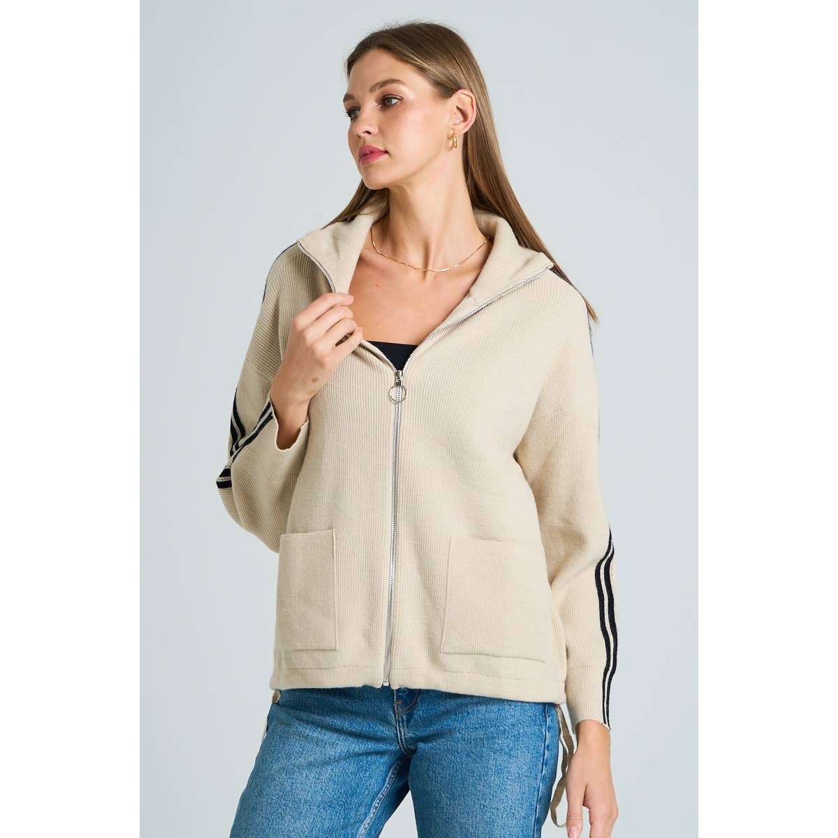 The GREii - Vente Pull en maille – femme - Pull en tricot à manches rayées et fermeture éclair2
