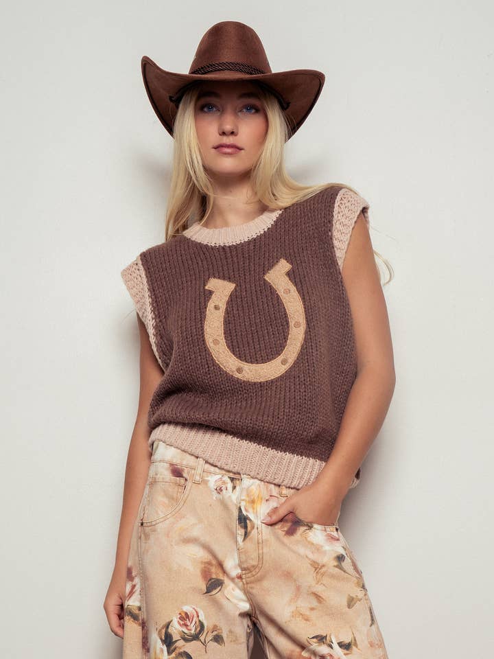 Urban Daizy - Wholesale Sweater Vest - Women's - Western Horseshoe Crochet Knit Ribbed Trim Sweater Vest