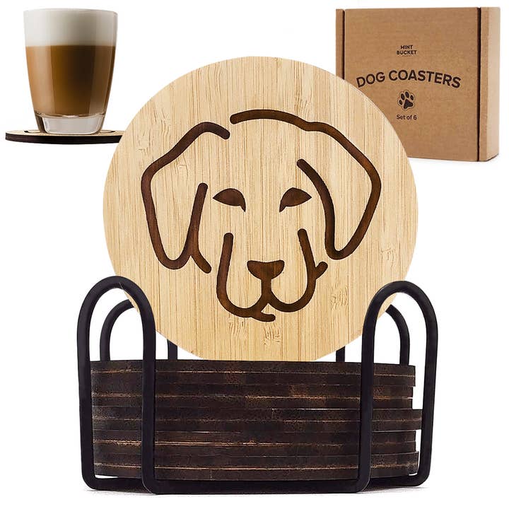 Set of 6 Bamboo Engraved Dog Coasters with Holder - Labrador for wholesale by Rudderr, LLC/MintBucket