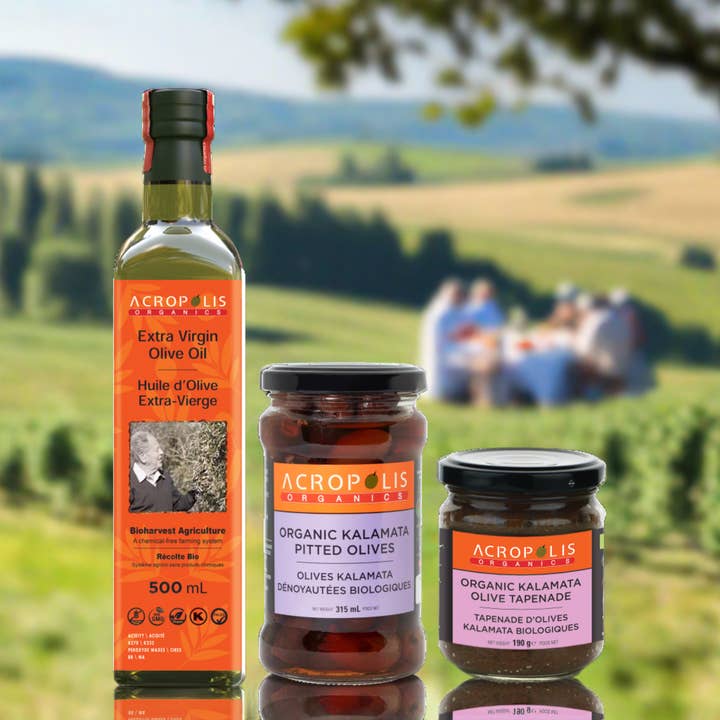 Huile d'olive extra vierge Bio-Harvest - 500 mL, Olives Kalamata dénoyautées - 315 mL, Tapenade d'olives Kalamata - 190 mL pour la vente par Acropolis Organics