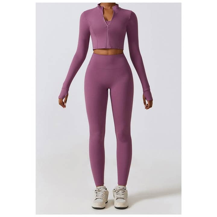 FurDecoration - Wholesale Activewear Set - Women's - Solid Color Sports Bra, Cropped Outerwear, and Leggings Three-Piece Set