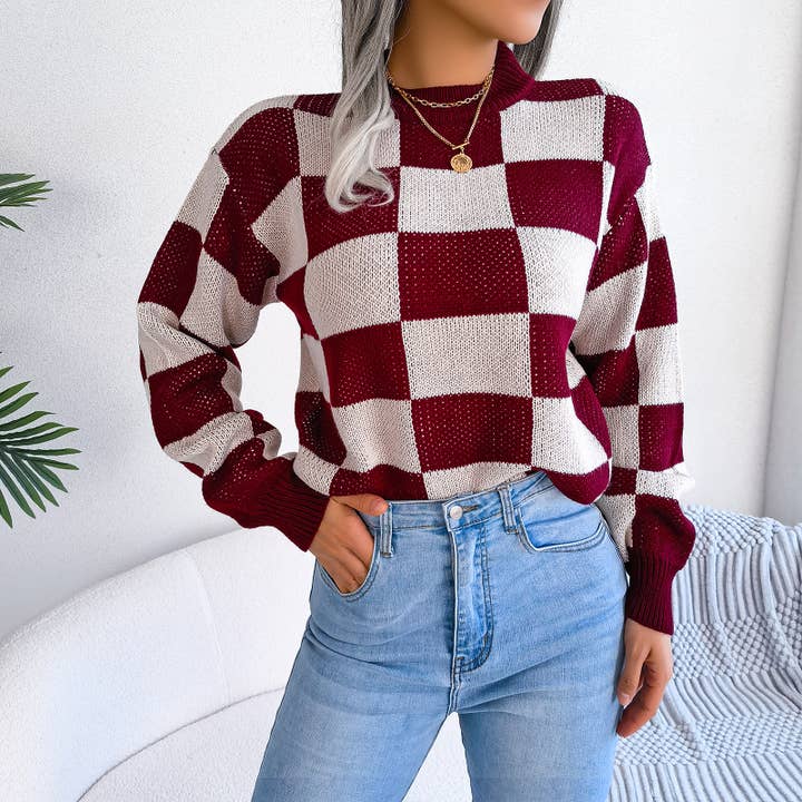 HIDDENBRAND - Wholesale Knit Sweater - Women's - Contrast plaid pullover knit sweater