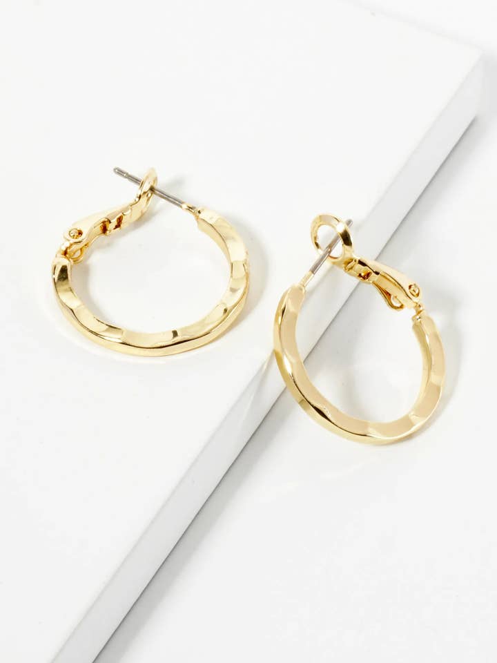 14K-Gold-Dipped Polished Metal 20mm Hammered Latch-Back Hoop Earrings for wholesale by Wild Honey