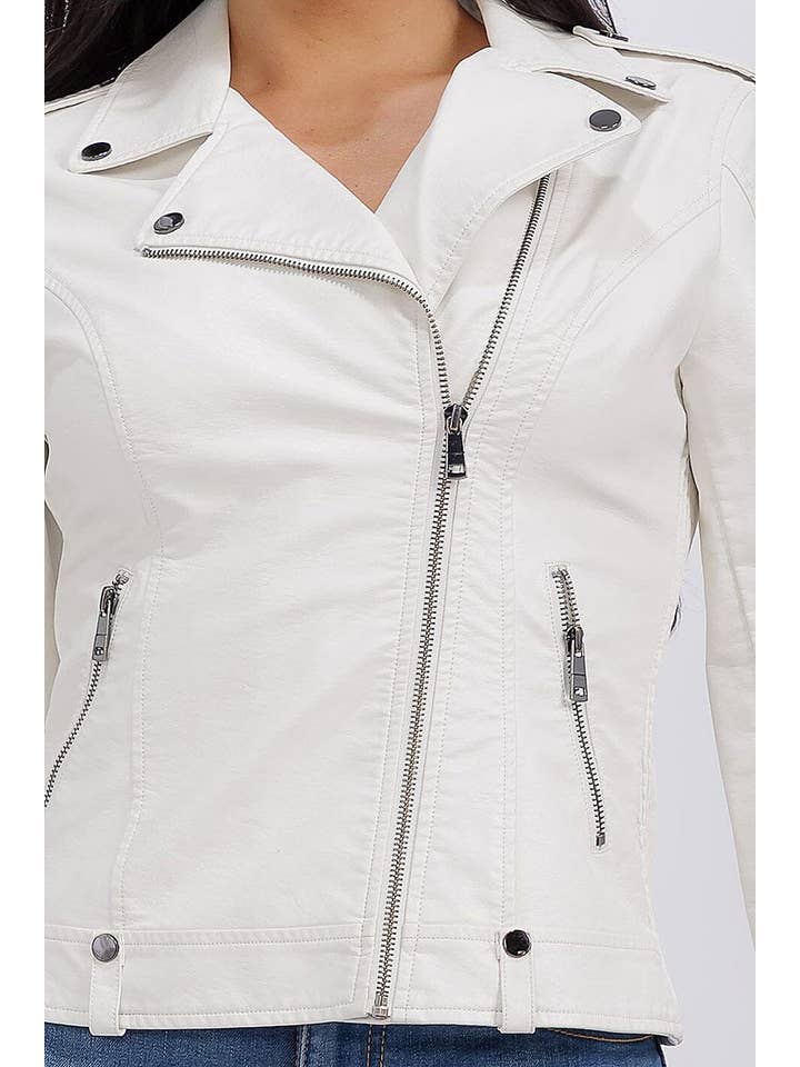 ROUSSEAU - Wholesale Leather Jacket - Women's - SOLID PU PLEATHER ZIP UP DRAPED MOTO JACKET9