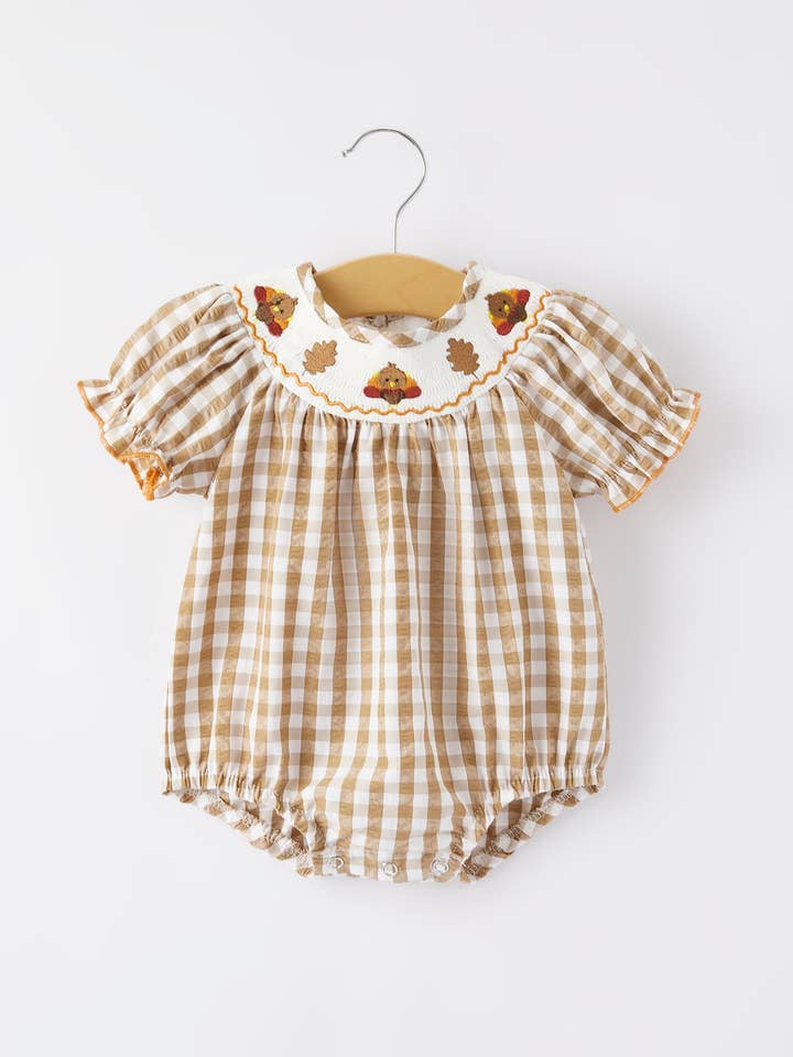 Rylee Faith Designs - Wholesale Bodysuit (Non-Footed) - Baby - Girls Thanksgiving Smocking Embroidered Brown Plaid Romper