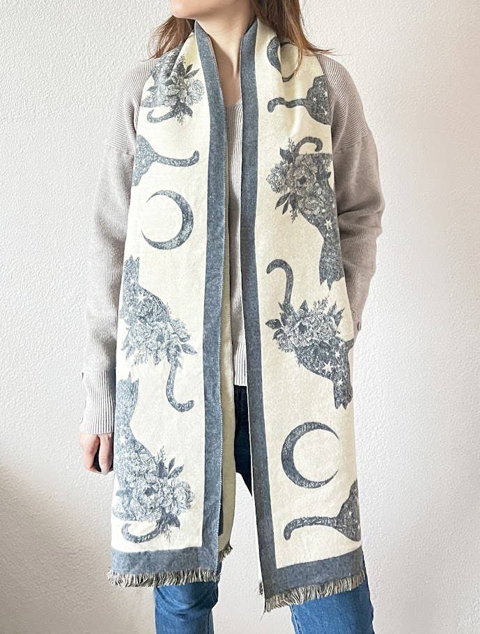 Fennco Styles – wholesale Scarf – Women's – Grey-Ivory Cat Print Reversible Cashmere Wrap Scarf 3