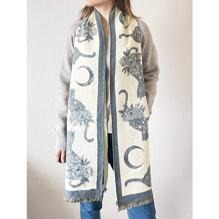 Fennco Styles – wholesale Scarf – Women's – Grey-Ivory Cat Print Reversible Cashmere Wrap Scarf 3