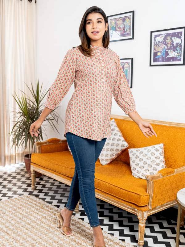 Kvinders Orange blomster Print Casual fuld ærmer Top for engroshandel hos NEOSTITCH LLC