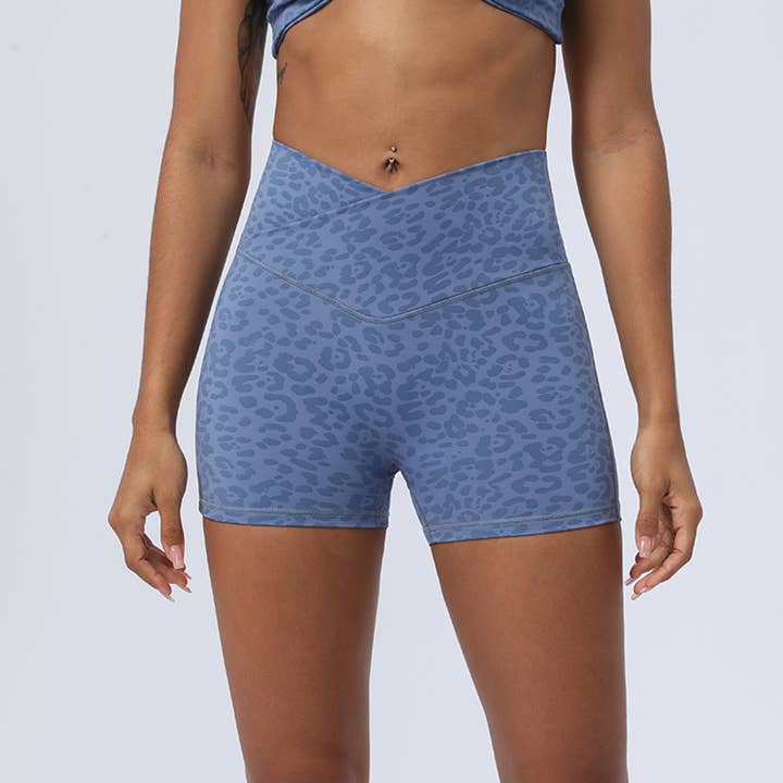 Sodalemon - Wholesale Athletic shorts – Women's - Women Leopard Print V-Cross Waist Butt Lifting Yoga Shorts11