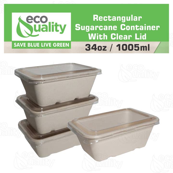 EcoQuality - Wholesale Food Storage Container - 34oz Sugarcane Fiber Bowl with Plastic Lid Compostable Disposable Oblong Food Prep Storage