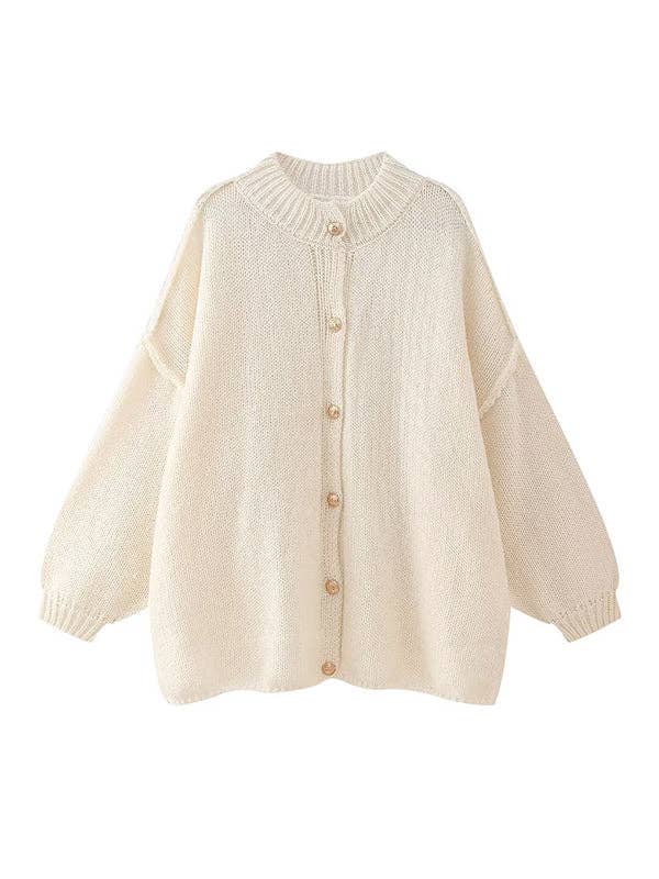 VividLux - Wholesale Cardigan - Women's - Loose Puff Sleeves Buttoned Split-Joint Round-Neck Cardigan Tops0