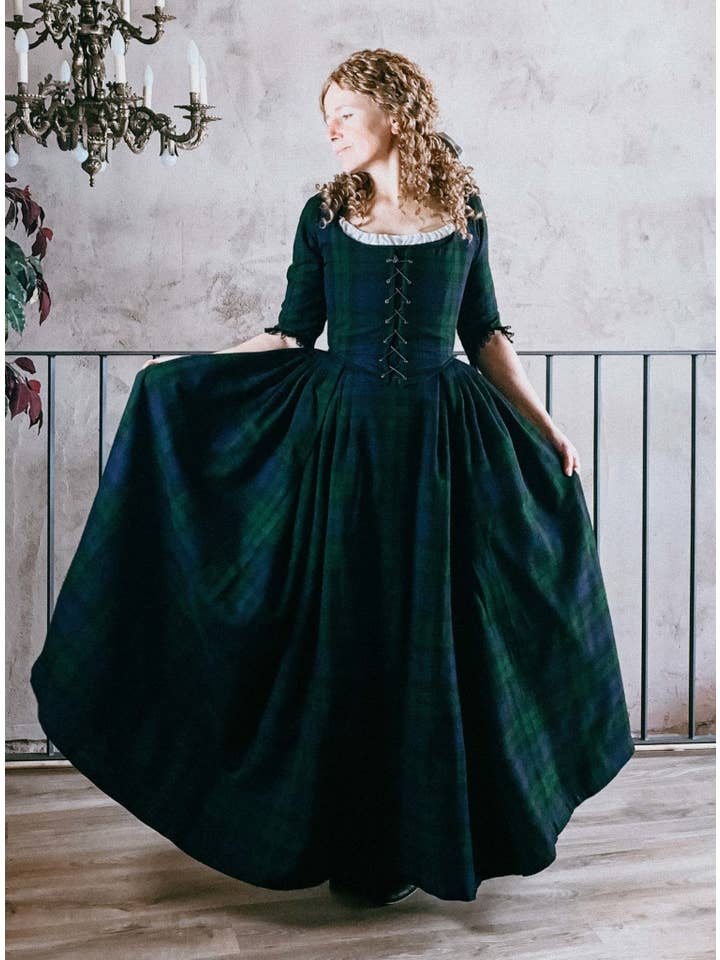 Atelier Serraspina - Wholesale Verkleedkleren - Dames - LOUISE, 18e-eeuwse jurk zwart horloge tartan