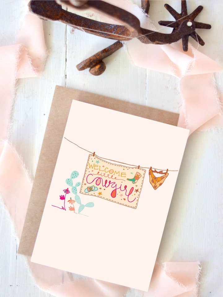 Welcome Baby Card, Western Baby Cowgirl, Baby Shower Card for wholesale by Tirzah Lane Art