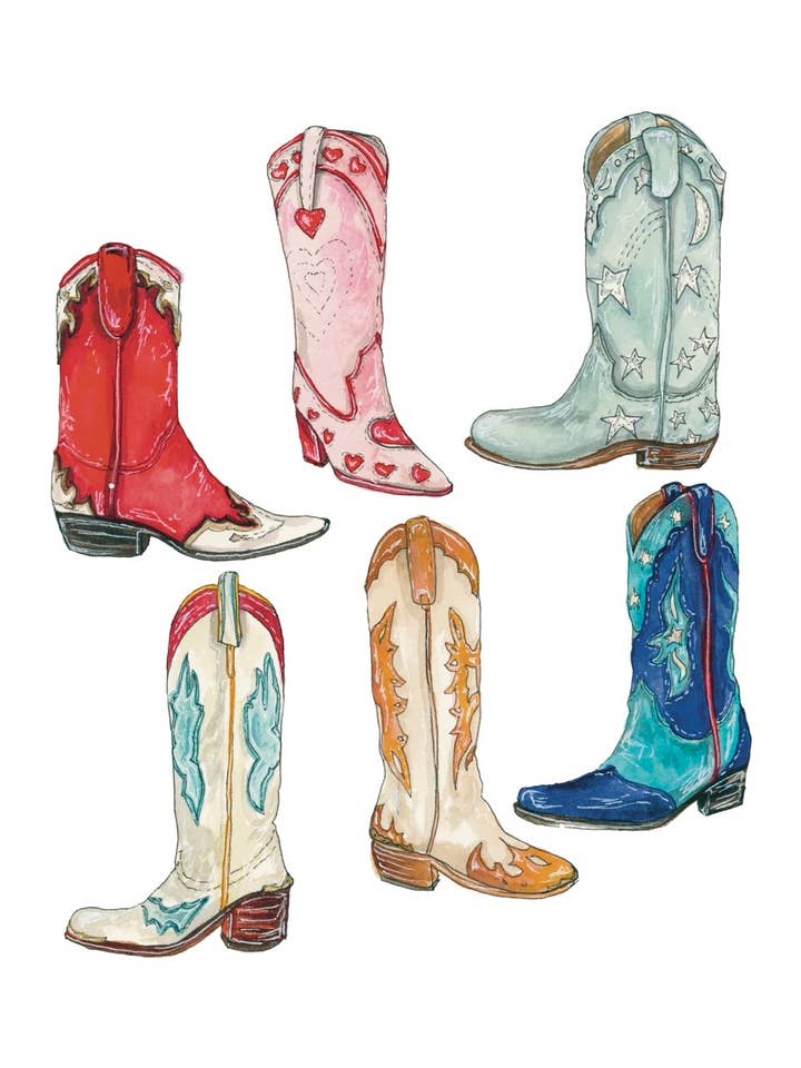 Colorful Cowboy Boots Art Print for wholesale by artxnikki