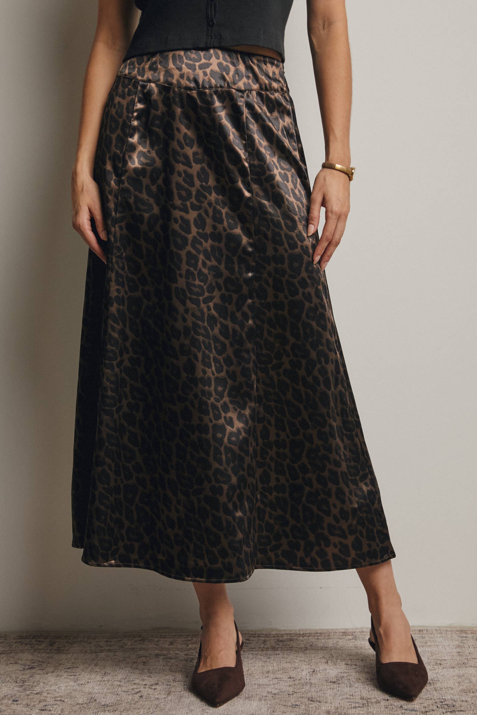 Forte - Wholesale Skirt - Women's - Leopard Print Satin Midi Skirt FSK000714