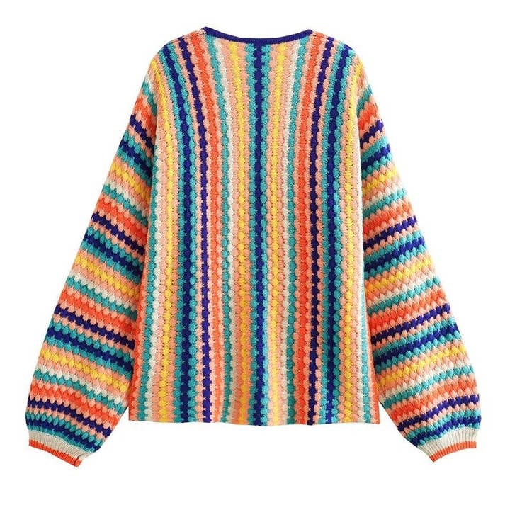 MULTICOLOR Color Block Crochet Rainbow Stripe Knit Cardigan for wholesale on Faire