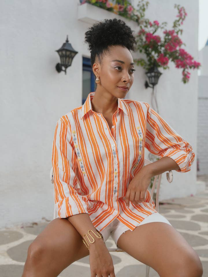 OLEN - Orange Stripe Shirt - No Tariffs for wholesale by Poetry in Stitches