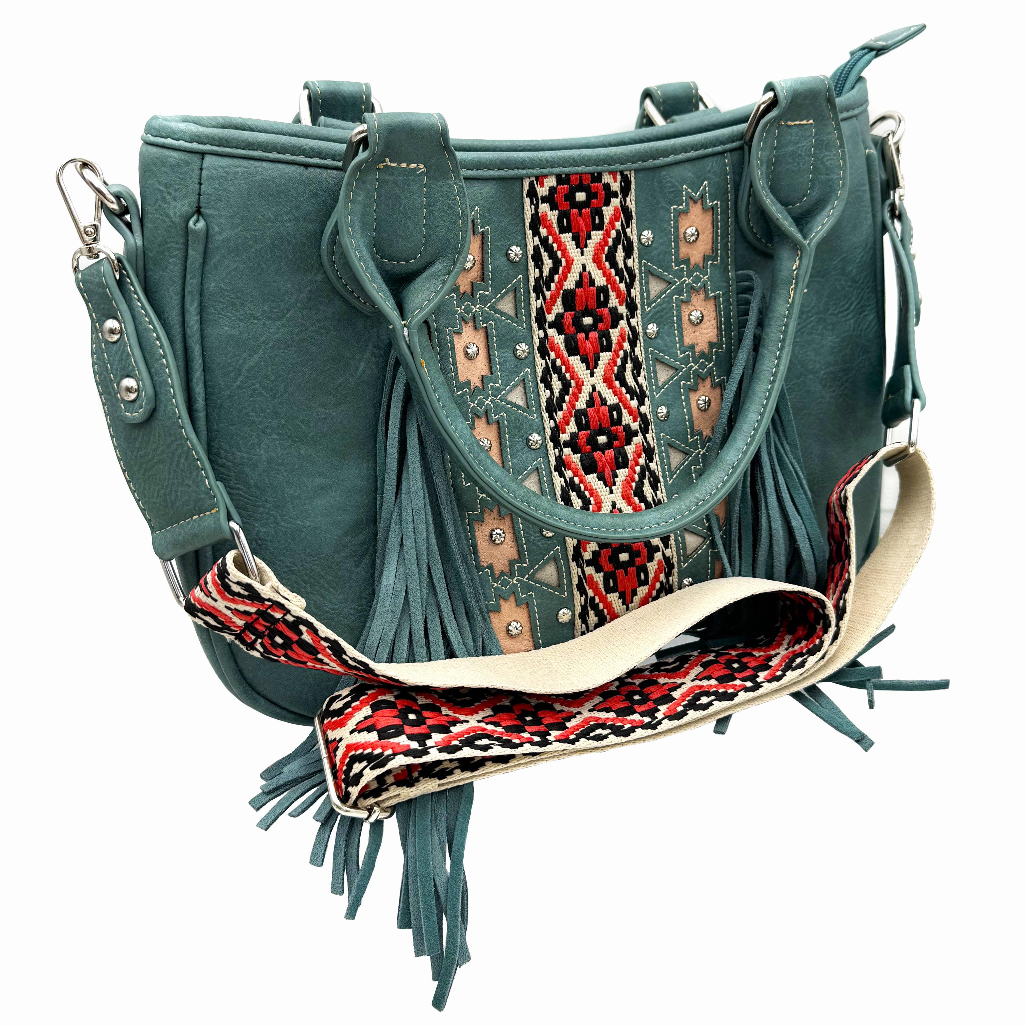Lunar Deer – Engroshandel Skuldertaske – til kvinder – Aztekisk stammeprint frynse vestlig håndtaske pung2