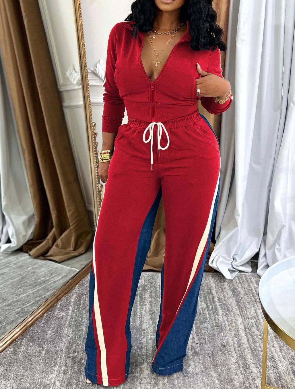 HIDDENBRAND - Wholesale Top & Pant Set (NOT Loungewear) - Women's - Long sleeves zip patchwork crop jacket pants set 2 pcs0