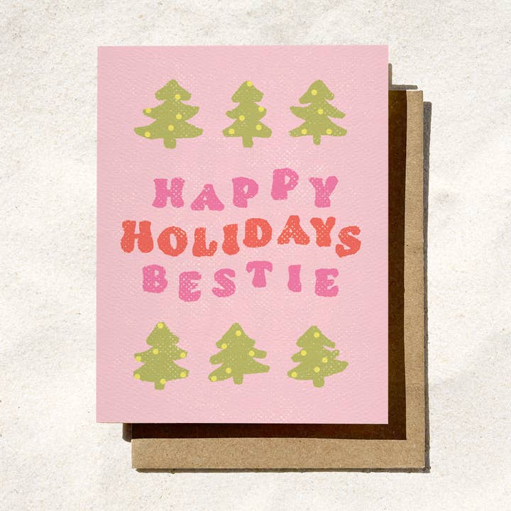 Happy Holidays Bestie Greeting Card | Pink Christmas Card for wholesale by Daydream Prints
