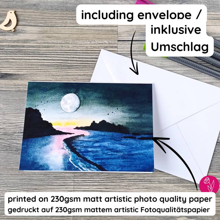 Handmade Greeting Card - Moonlight Beach for wholesale by Christina Jenne Art and Design