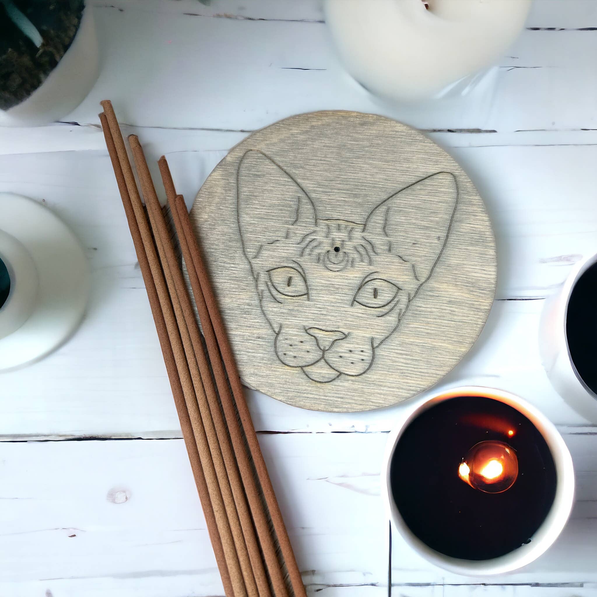 Ghoul Mom Designs - Wholesale Incense Holder - Handmade Witchy Cat Wooden Incense Burner2