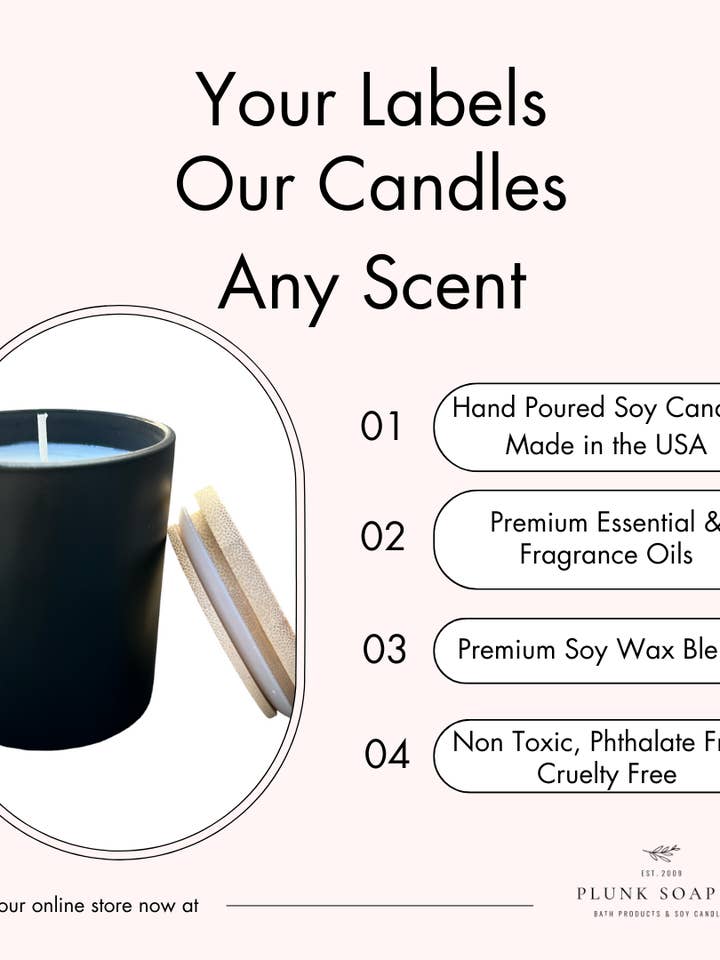Soy Candle Private Label Under Your Name Brand 8oz Black Jar for wholesale by Plunk Soap and Candle Company