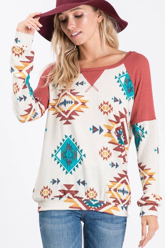 IVORY T8069-SOUTHWESTERN PRINT SWEATER for wholesale on Faire9