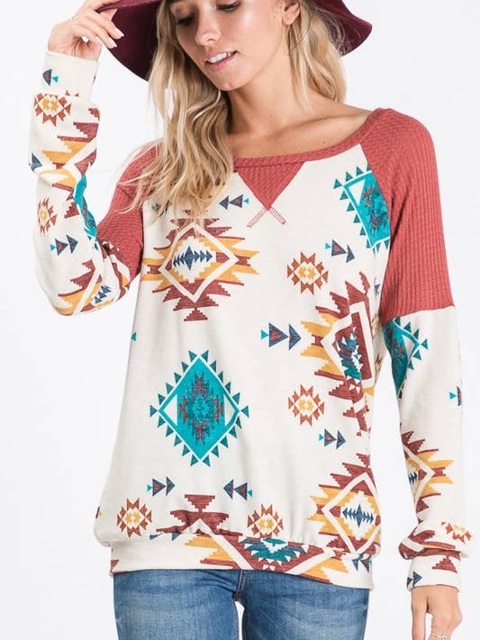 IVORY T8069-SOUTHWESTERN PRINT SWEATER for wholesale on Faire9