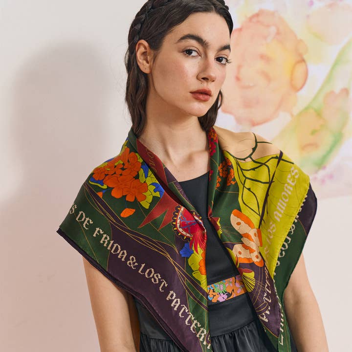 FRIDA x LOST PATTERN "Los Amores de Frida" Large Silk Scarf - Dark Green for wholesale on Faire6