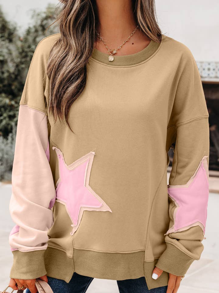 MULTI Star Patchwork Exposed Seam Uneven Hem Drop Shoulder Sweats for wholesale on Faire0