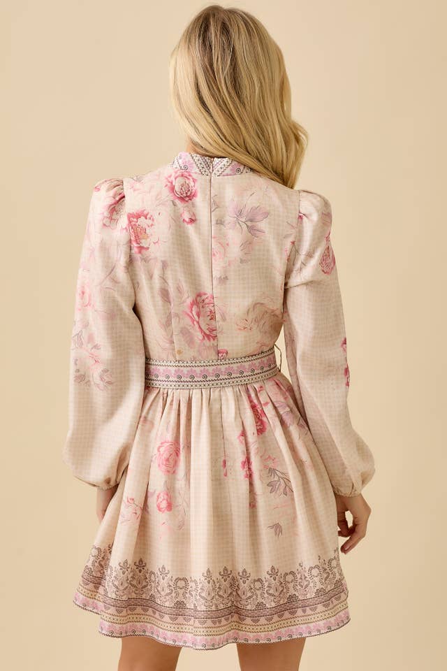 NATURAL Vintage Floral Print Mock Neck Mini Long Sleeve Dress for wholesale on Faire1