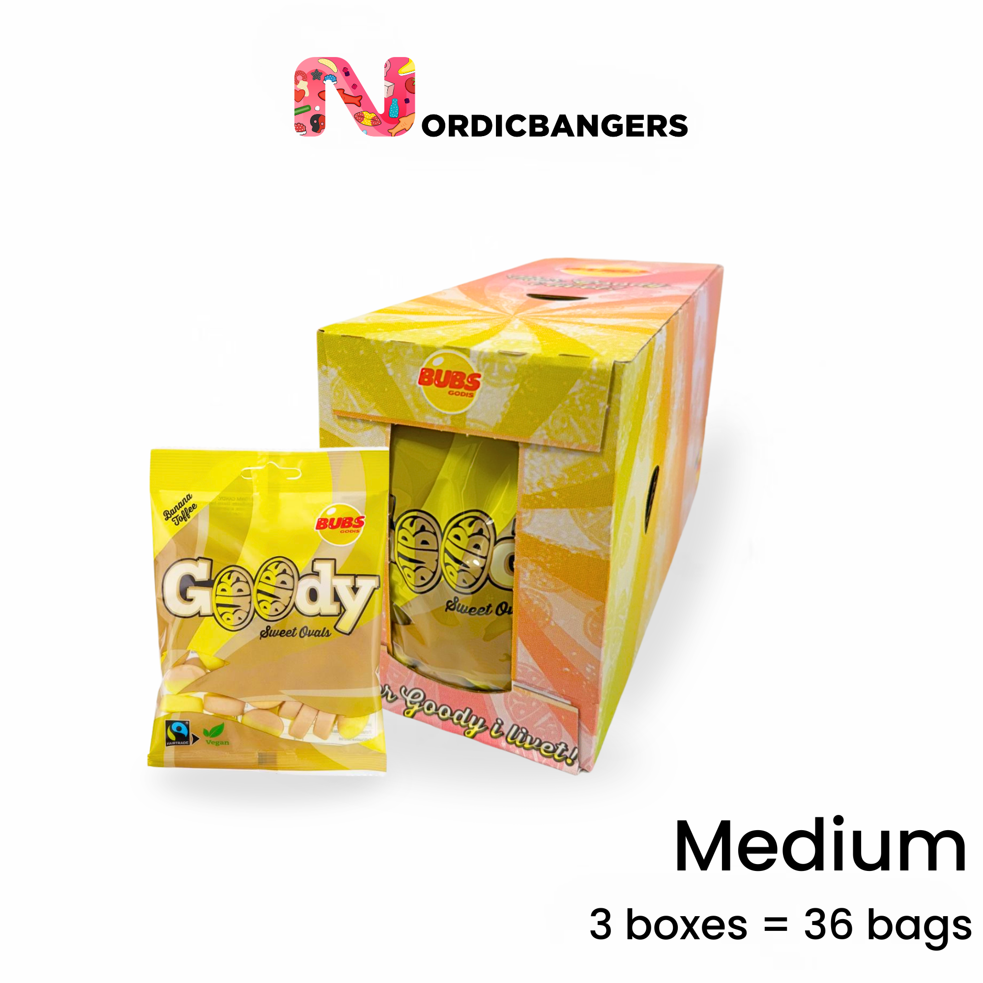 Nordicbangers - Swedish Candy Supply - Vendita all'ingrosso Caramelle gommose - Bubs Banana & Toffee Goodie – 90g Caramelle Vegane Svedesi1