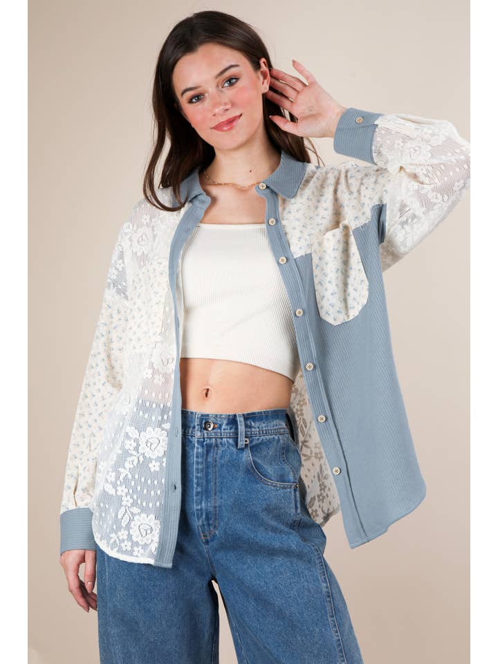 VERY J - Wholesale Shirt Jacket/Shacket - Women's - NT12101-Contrast Ribbed Knit & Lace Shacket Jacket
