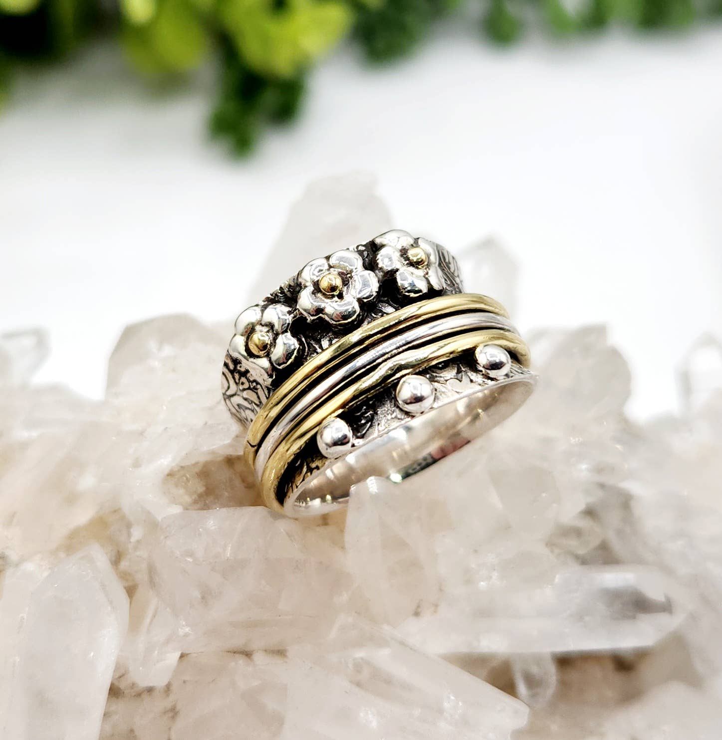 Meraki Gemstones - Wholesale Band/Stacked Ring - SPINNER RING-Sterling Silver/925 and Brass w/Tiny Flowers1