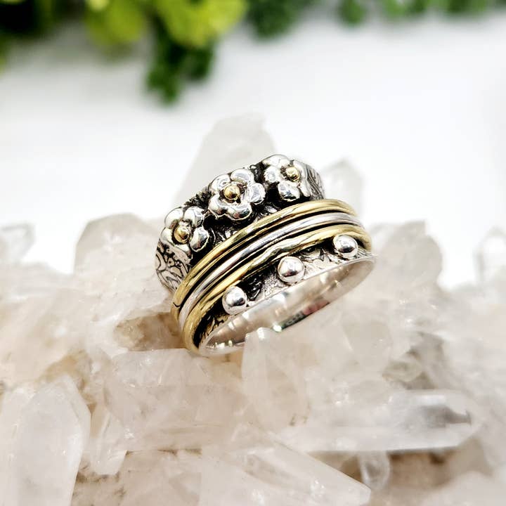 Meraki Gemstones - Wholesale Band/Stacked Ring - SPINNER RING-Sterling Silver/925 and Brass w/Tiny Flowers1