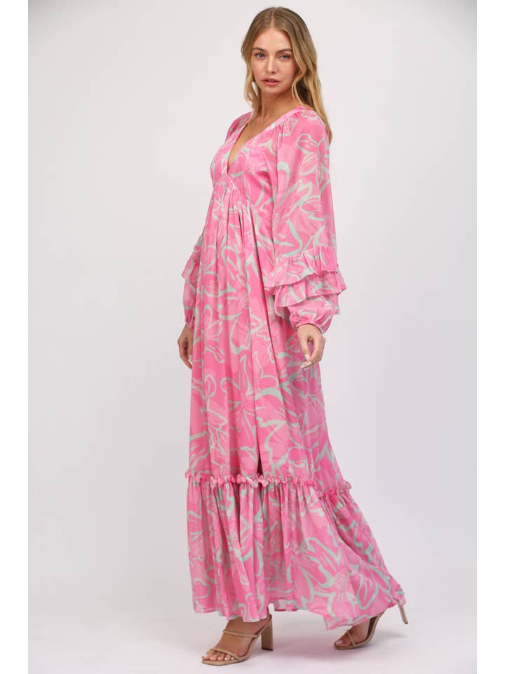 PINK MULTI DEEP V-NECK WITH RUFFLED LONG SLEEVE MAXI DRESS FD31036 for wholesale on Faire