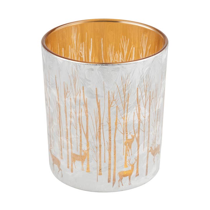 Silver Tree Home & Holiday - Wholesale Candle Holder - A00163: Glass holder TP,silvr,forest,rdeer ptrn,pale gld,4in0