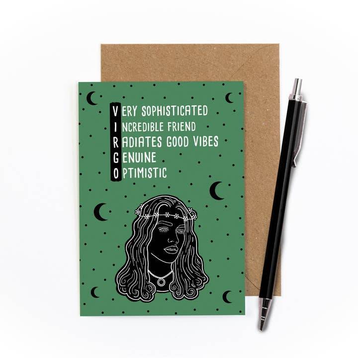 Virgo Zodiac Greetings Card for wholesale by Amy Illustrates