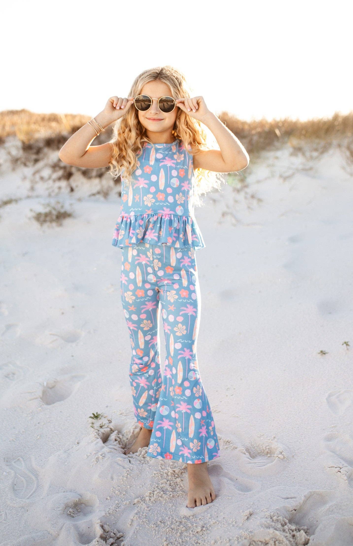 Adorable Sweetness - Wholesale Top & Pant Set - Kids - Kids Dusty Blue & Pink Summer Surf Print Flare Pant Set