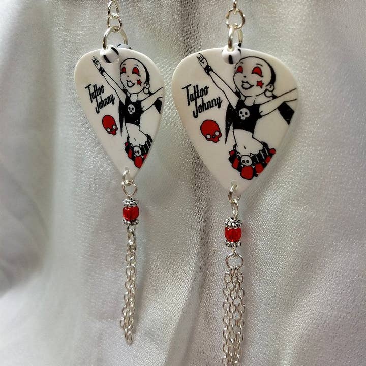 Simply Raevyn - Wholesale Dangle Earrings - Red and Black Rocker Girl Guitar Pick Earrings with Chain Dangles2