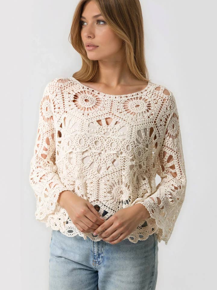 Beige Flared Long Sleeve Crochet Top for wholesale by Aftershock London