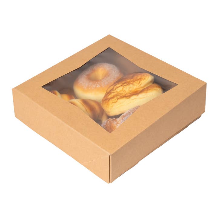 Brown Bakery Boxes with Window - pack of 25 - 10"L x 10"W x 2 ½"H for wholesale on Faire4