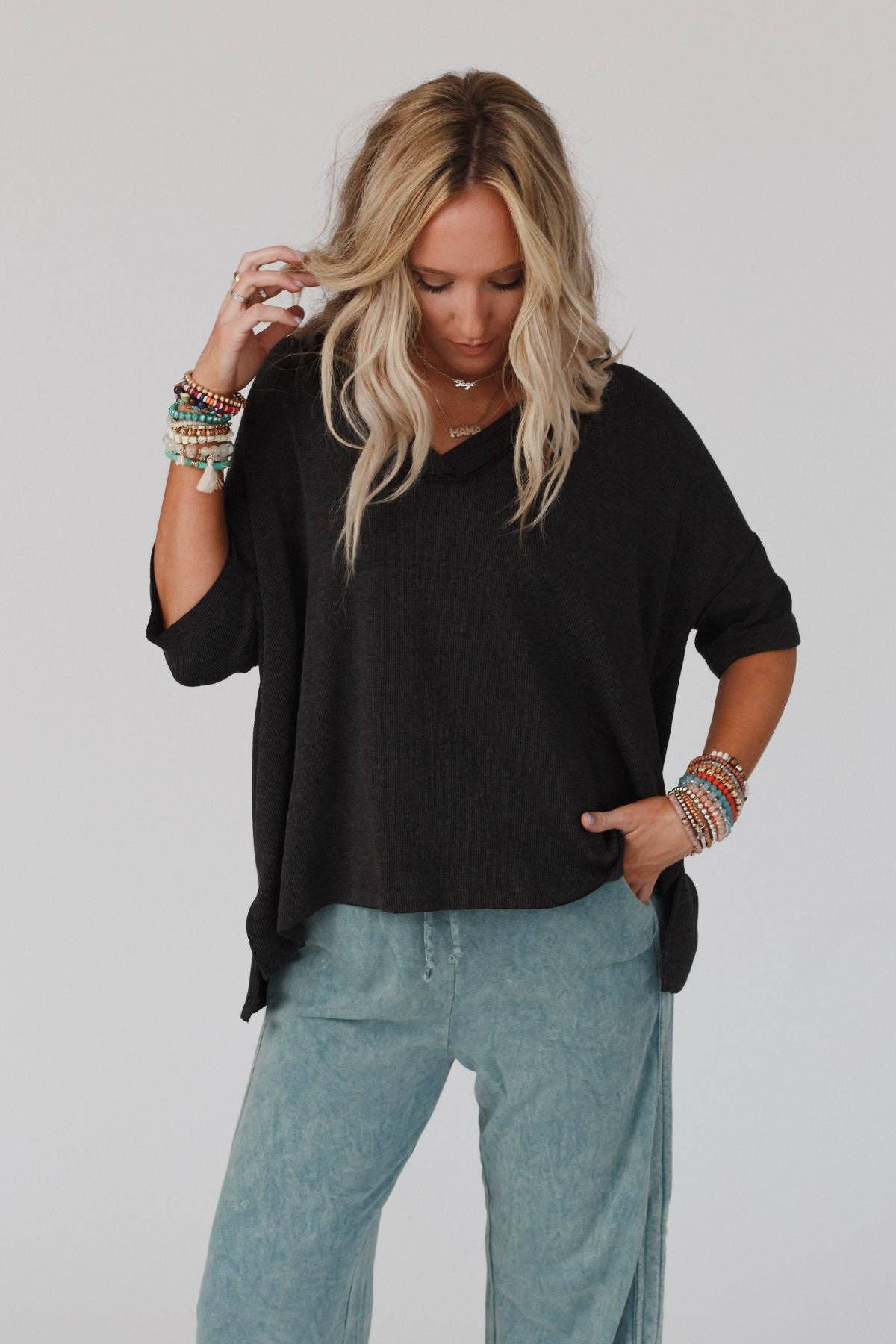 Three Bird Nest - Wholesale T-Shirt - Women's - On The Go V Neck Ribbed Essential Tee - Charcoal3