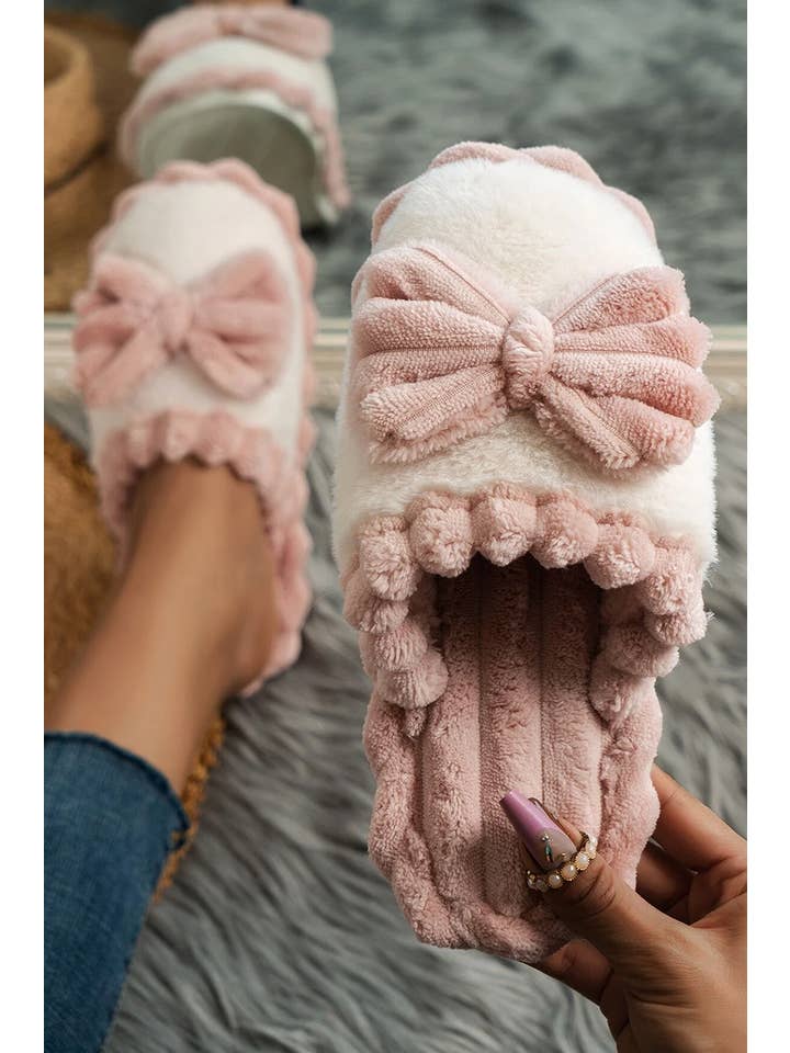 Fushia LDC Bow Decor Color Block Ribbed Plush Slippers for wholesale on Faire3