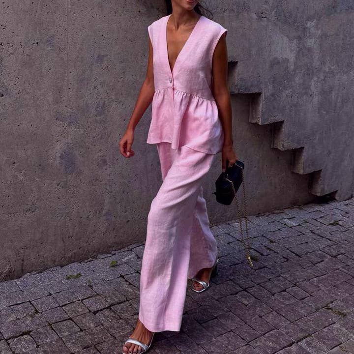 Pink Sleeveless tank top pants set for wholesale on Faire