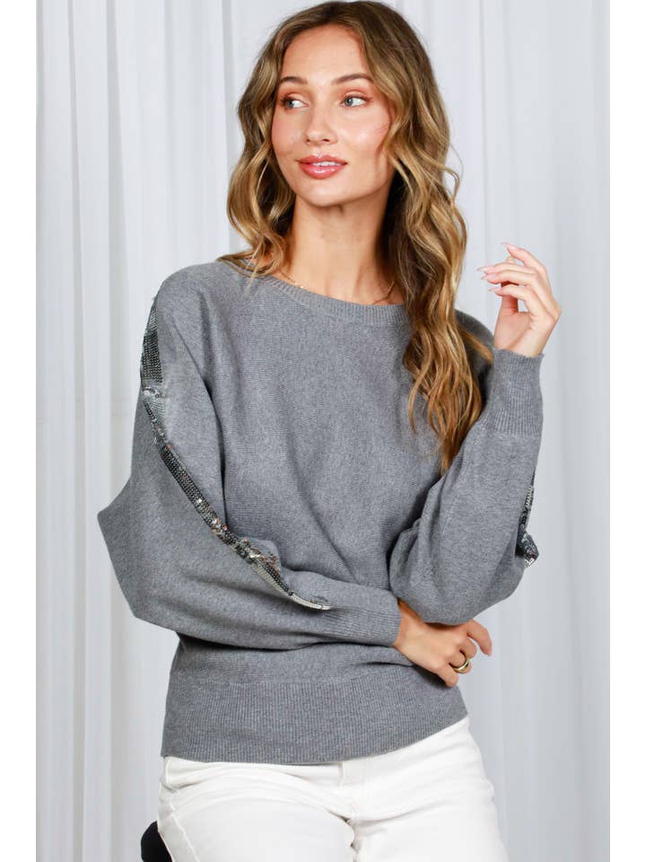 Vine & Love - Wholesale Knit Sweater - Women's - Sequin Detail Crew Neck Dolman Knitted Sweater VT8201311